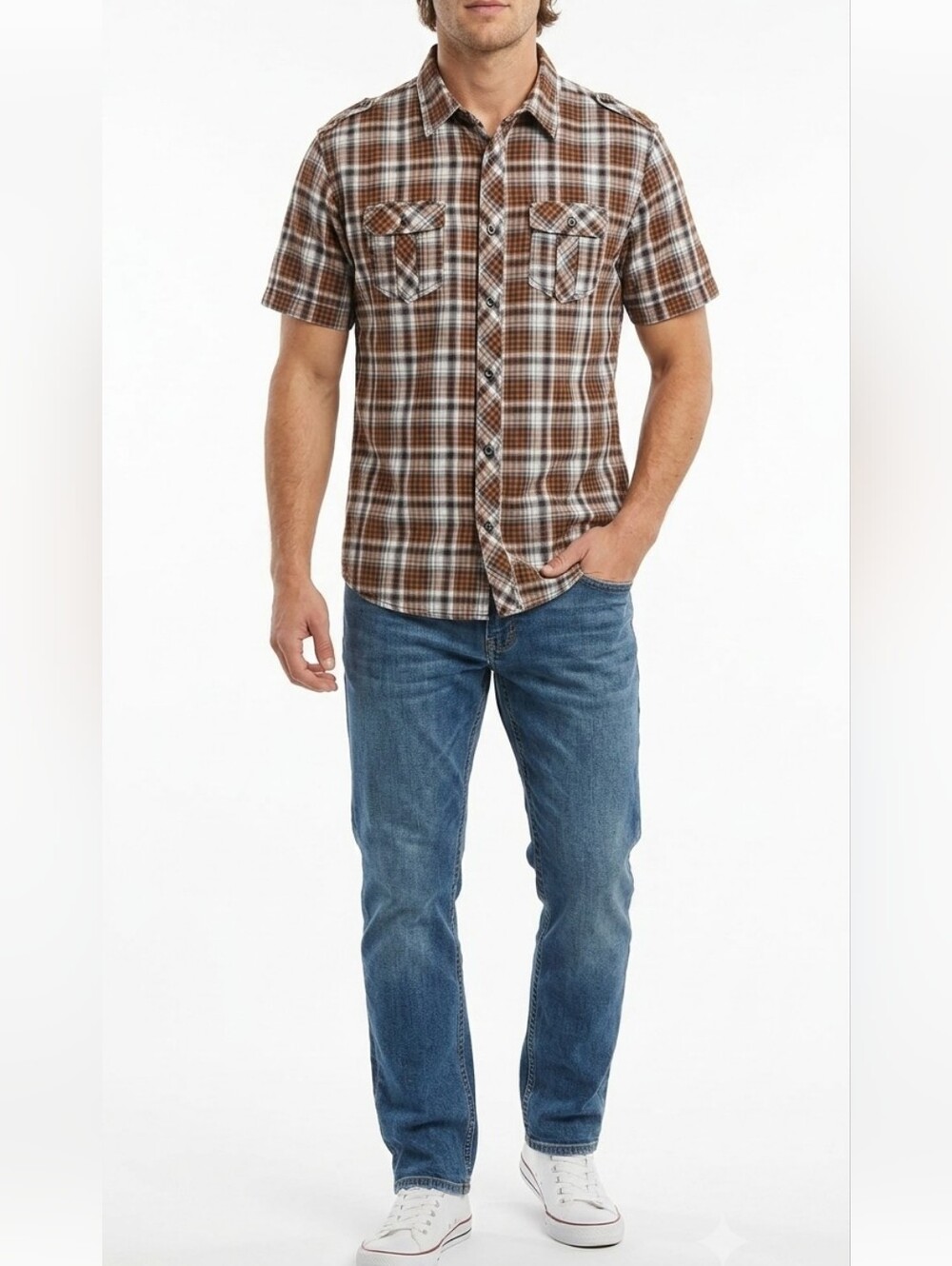 Ocean Current Brown White Plaid Short Sleeve Button Down Shirt Size L Cotton